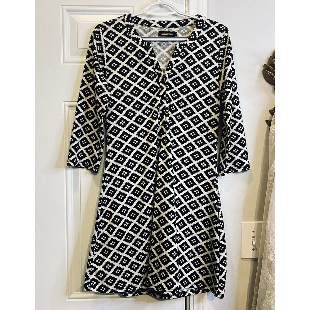 VTG Style Reborn Geometric Tunic Dress 3/4 Sleeve Black White Mod Shift Mini M